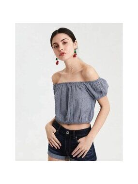 American Eagle Gingham Check Ruched Crop Top in Blue/White - Sz S